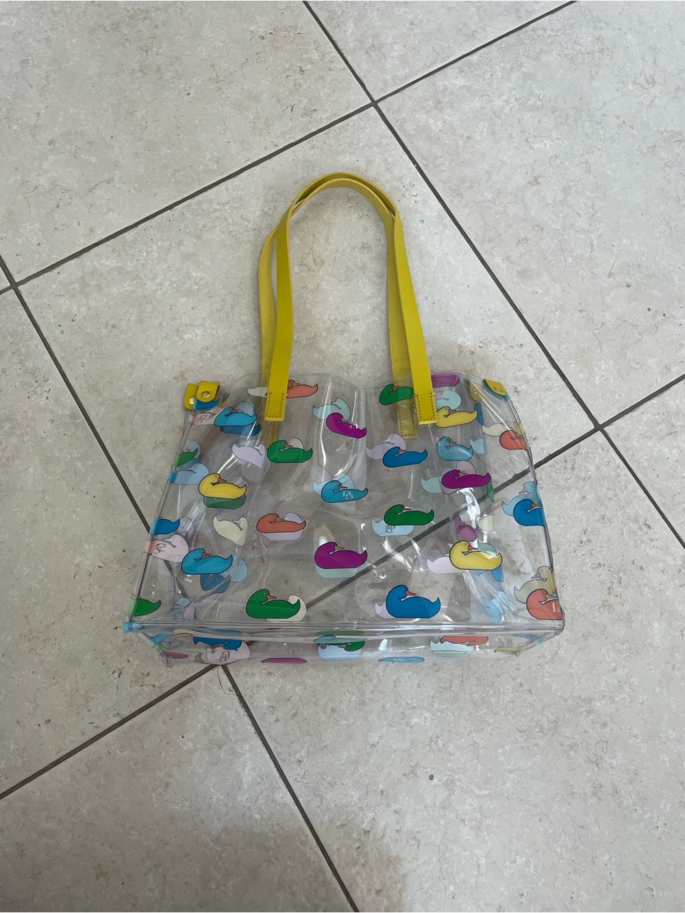 Dooney & Bourke Clear Tote with Multicolor Duck Motif and Yellow Handles